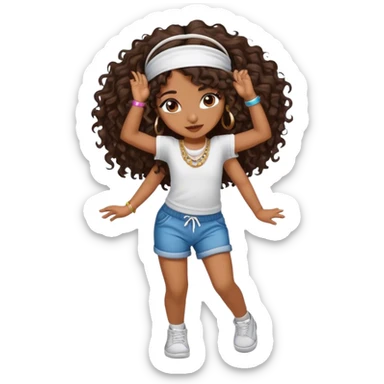 Dancing brown girl with long darn brown curly hair with headband hip hop sticker
