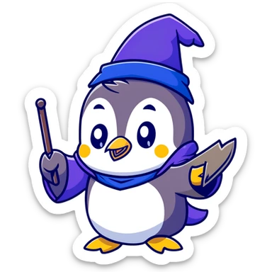 a cute penguin wearing a purple wizard robe and blue wizard hat, casting a spell sticker