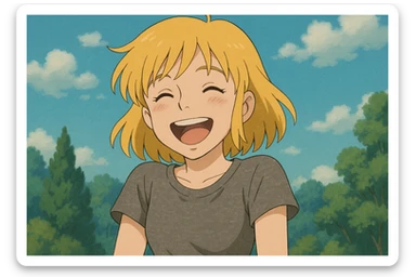 A girl yellow hair brown eyes grey Women's just t's short triblend t-shirt laughing sticker