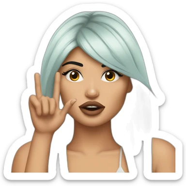 Kylie Jenner with hair to her arms wondering and holding her finger on her lips sticker