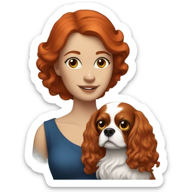 A red haired woman with blue eyes and holding a King Charles Cavalier sticker