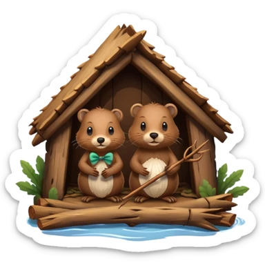 a beaver couple, one a female with a bow on her head in a beaver home made of sticks and logs sticker