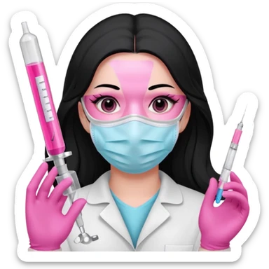 laboratorista con guantes rosa y mascarilla rosa  jeringa tubo laboratorio sin lentes  y  ojos negros cabello largo negro color ojos oscuro sticker