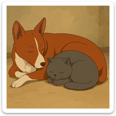 A gray British Shorthair cat curled up and sleeping next to a red Basenji dog sticker
