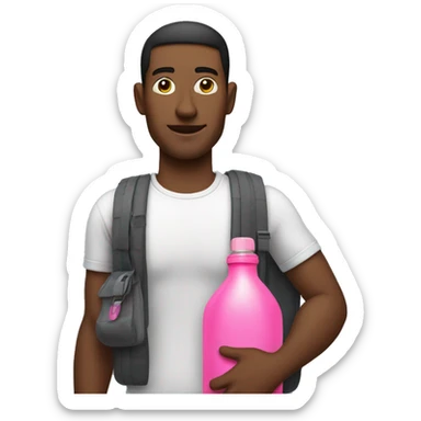 man standing with a bag on one shoulder with a pink water bottle inside the bag sticker