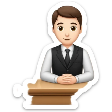 Professional bank clerk in formal attire standing behind a counter sticker