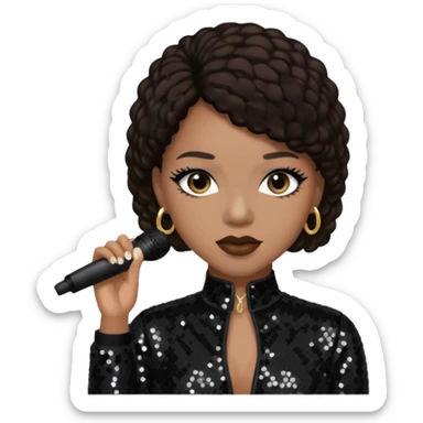 Sammie, R&B Singer with dark brown hair, black sequin outfit sticker