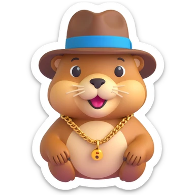 3D emoji style beaver dressed as a gangster, with a fedora hat, gold chain, and confident expression sticker