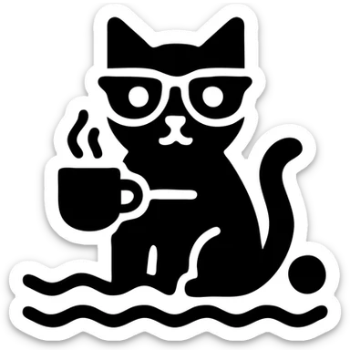 a cat wearing glasses and drinking coffee sitting at the beach sticker