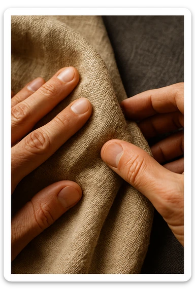 Primo piano di mani che toccano tessuto di lino grezzo, texture naturale dettagliata, colori puri e genuini, luce che rivela la bellezza delle imperfezioni naturali, mentre i sintetici appaiono artificiali e freddi in secondo piano sticker