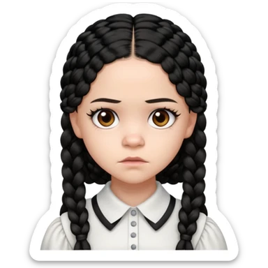 Draw Jenna Ortega with pale skin, black braids, white-collared dress & serious expression. sticker