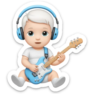 a cute baby in a white diaper and air pod maxes playing a baby blue electric guitar sticker