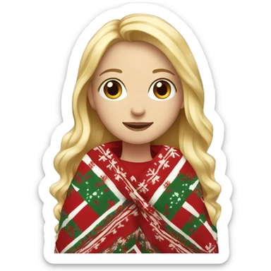 white female, long blonde hair, wearing a patterned christmas blanket sticker
