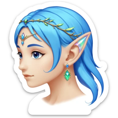 portrait of blue haired Elvish fae shiny sparkly iridescent translucent diaphanous ear climber ear cuff sticker