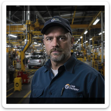 Realistic car factory, detailed machinery, industrial atmosphere, workers in uniforms, assembly lines with cars in production, realistic lighting and shadows, large warehouse-like structure with high ceilings, metal beams, and industrial equipment, realistic style sticker