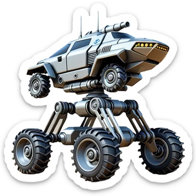Futuristic jumping four-legged armored canine sporty self-balancing massive mech trail assault vehicle motor-in-wheel side-hill leaning actively robotically articulating hydraulic independent suspended pod gimbal defender antique off-road racing rover with large fast engine basher crawler megatron  sticker