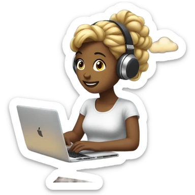 a girl with laptop with a bun hair, headphone, clouds and light bulbs in background sticker