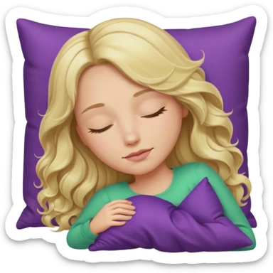 lady with long wavy blonde hair, purple top, green eyes, head on pillow, sleeping sticker