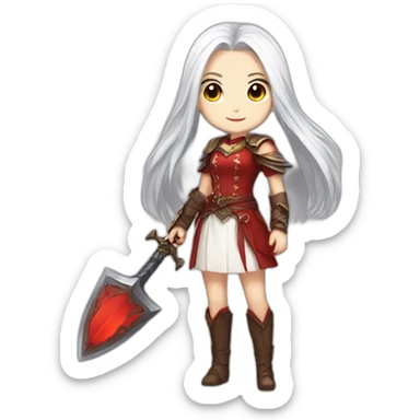 rpg-girl-with-long straight white-hair and red dress like chibi sticker