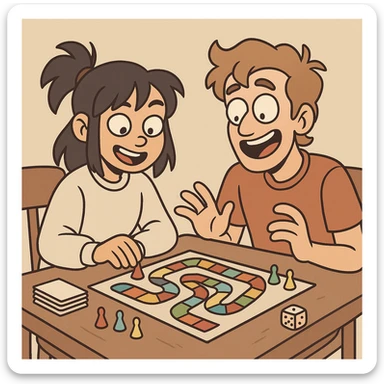 two friends, one asian girl, playing a boardgame, flat toon style sticker