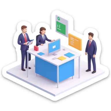 Enhance the business process scene by adding more personalization details such as unique avatars, custom icons, and individualized elements on the flowchart and gears, while maintaining the same 3D emoji style and overall composition. sticker