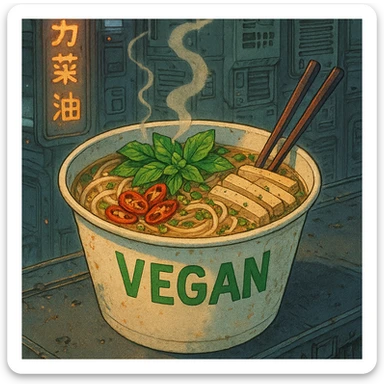 cyberpunk futuristic, scifi, a bowl of delicious VEGAN pho, ramen, 1990s, paper cup sticker