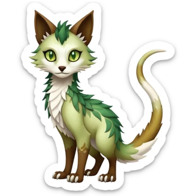 Kawaii dark edgy brown beige white fantasy ethereal feline-vernid-sergal-fursona animal creature with a tufted tail full body with intricate markings, hazel-gold-green eyes sticker