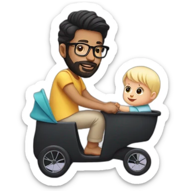Black haired man with beard and glasses pushing buggy with blonde baby sticker