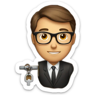 brown-short-haired classy man wearing glasses, struggling to fit a key into a wooden door-lock sticker