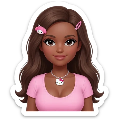 Long giant lashes, my melody hairclip, Doll faced shaped, hello kitty necklace, bimbo, black doll eyes, barbie, dark brown skin with brown hair, light pink bimbo shirt says "blunt" , big breast sticker