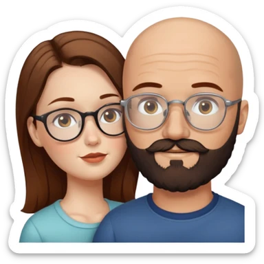 Couple. Bald man with dark brown-black beard. White woman with many small, faded freckles, she has white skin and she has auburn-brown-cinnamon, dark long hair. She has light brown eyes. The man have hazel eyes and glasses. She don’t wear glasses. Retro style. She kisses him. sticker