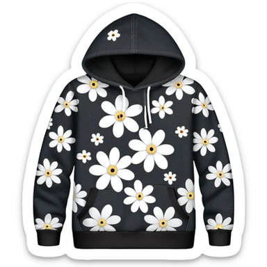 The BLACK Denim Tears Hoodie features a black base with distinctive white and black  open flower spots with empty space in the middle, These hollow ring-like patterns are scattered across. BLACK AND WHITE FLOWERS sticker