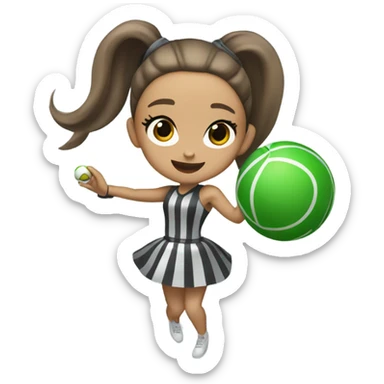 Ariana grande throwing a green ball with striped squares around it and a grey tag that’s metal and round  sticker