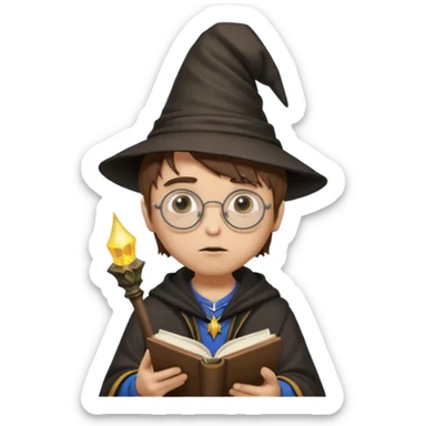 ["A sad boy with light skin, straight hair, wearing a wizard hat and round glasses, dressed in punk fashion, is reading a book while holding a phone."] sticker
