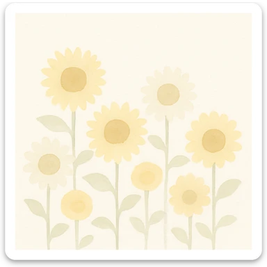 campo de girasoles amarillos con algunos girasoles blancos, estilo acuarela, colores suaves y pinceladas visibles, fondo natural sticker