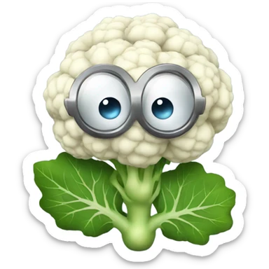 Cauliflower with cute big eyes holding a mirror, surrounded by leaves. sticker