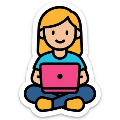 a girl with a pink laptop sitting cross-legged, color outline icon style sticker