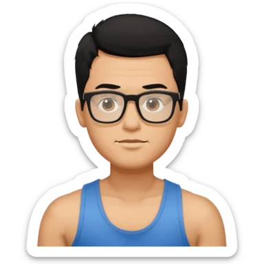 portrait of man, wearing a tank top, square glasses, black hair sticker