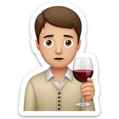 A nervous man holding a wine glass, looking worried and anxious sticker