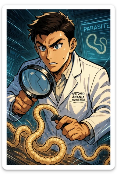 A dynamic manga/webtoon-style illustration of a young male kinesiologist wearing a clean white lab coat, analyzing light beige worms like a tapeworm under a magnifying glass. His expression is focused and slightly intrigued, with sharp, detailed eyes. The art style is vibrant, with bold linework, rich colors, and dramatic lighting. The background is a futuristic laboratory with glowing holographic screens displaying parasite data. The tapeworm is intricately drawn, slimy and segmented, with a slightly exaggerated yet realistic texture. The composition is dynamic, with motion lines or energy effects to emphasize his scientific investigation. The atmosphere is intense but not dark, keeping a balance between scientific seriousness and stylish manga aesthetics, he has "ANTONIO ANANIA" WRITTEN ON WHITE LAB COAT sticker