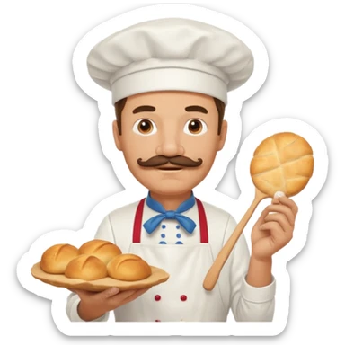 Middle aged male pastry chef - with a mustache, apron, white hat, holding bread sticker
