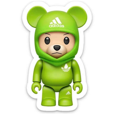 bearbrick toy with cubic design, wearing a lime green balaclava with Adidas trefoil logo, clear aggressive eyebrows, proper bear figure sticker
