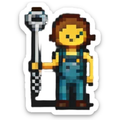 Technical pixel art badge with colorful stick figure holding car tool key sticker