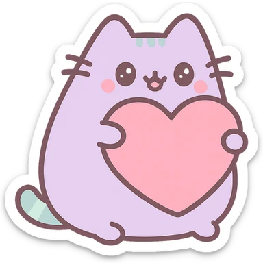 Pusheen hugging a big heart, pastel purple and mint, extra cute, kawaii style sticker