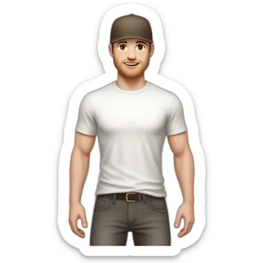 Pale skinned fit Man with dark brown hair in a light gray cap, dark brown jeans, brown polo and white T-shirt keeping a pasted with tape white box into his hands sticker