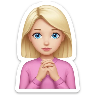 A girl with blue eyes, full lips and blonde hair in a pink blouse shows no with her hands, crossing them sticker