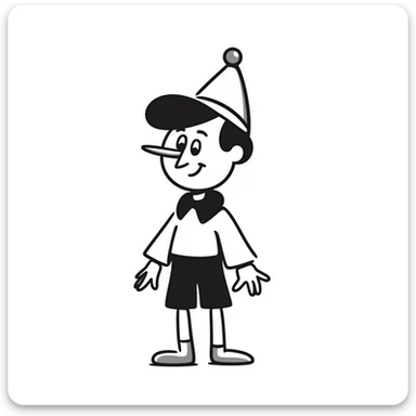 Hand-drawn Pinocchio puppet with a very long nose, wearing blue clothing and pointed hat sticker