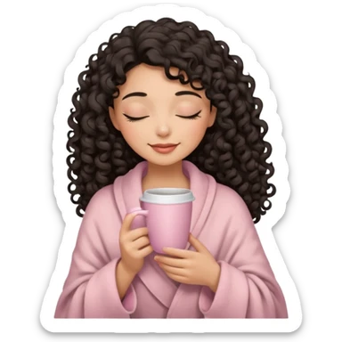 woman with hispanic medium skin tone, black long 3b curls, closed eyes, feminine face, holding soft pink coffee cup with beige blanket over shoulders sticker