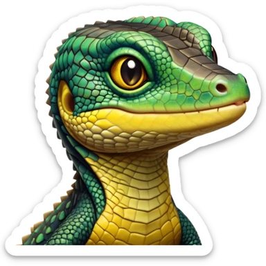 cinematic-realistic-cute-monitor-lizard-portrait-emoji,-head-tilted-playfully-and-inquisitively,-featuring-a-compact,-agile-body-with-finely-detailed,-glossy-scales-in-earthy-black and yellow-hues-and-a-distinct,-alert-face-with-bright,-curious-eyes, black , yellow spotted and green band  scales and a big long neck sticker