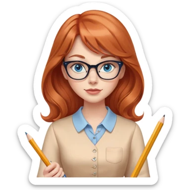 redheaded woman with long wavy hair and bangs, blue eyes, cat-eye glasses, wearing a pencil skirt and apricot blouse, holding a pencil sticker